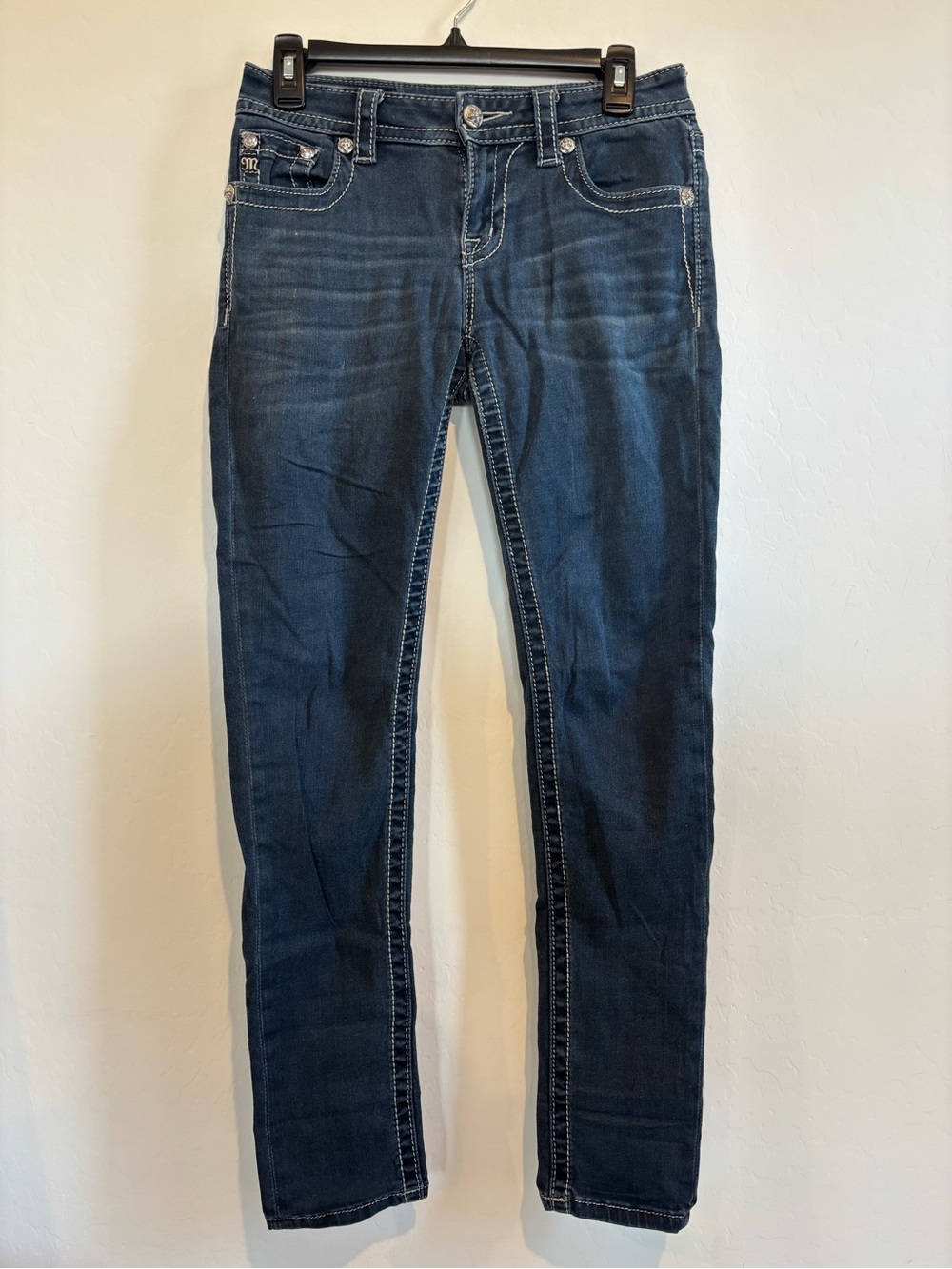 Miss Me Navy Blue Skinny Jeans with White Contrast Stitching